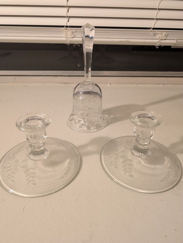 Etched Glass Candlesticks And Bell