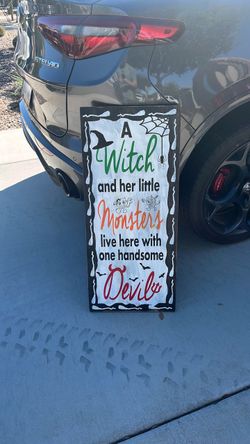 Halloween Witch and Monsters Wooden Sign