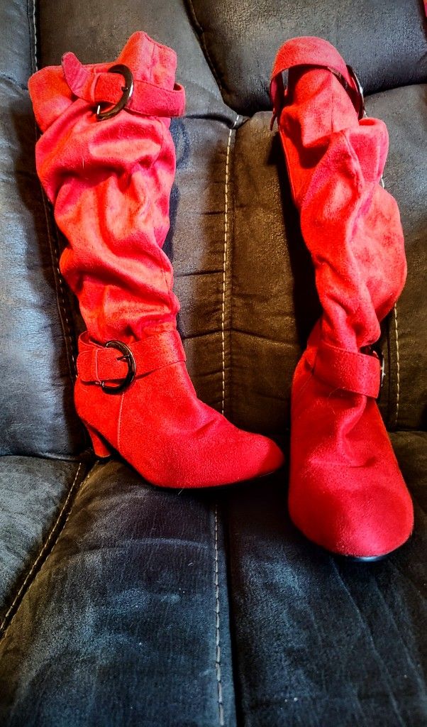 Women's Red Slouch Boots With Buckles