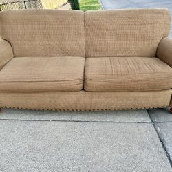 Brown Cloth 88” Sofa With Large Nailhead Trim