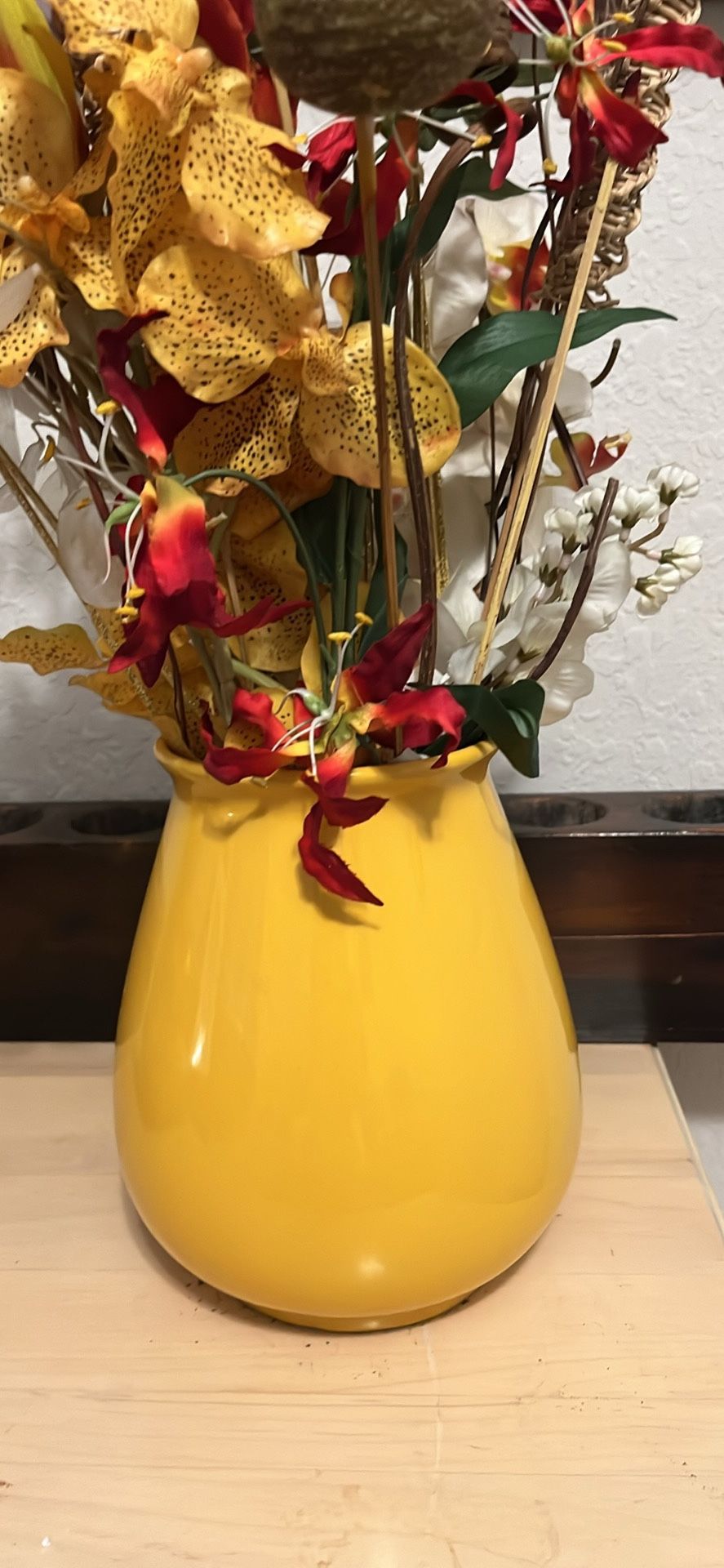 Golden Vase Colorful Flowers Wood Accents 
