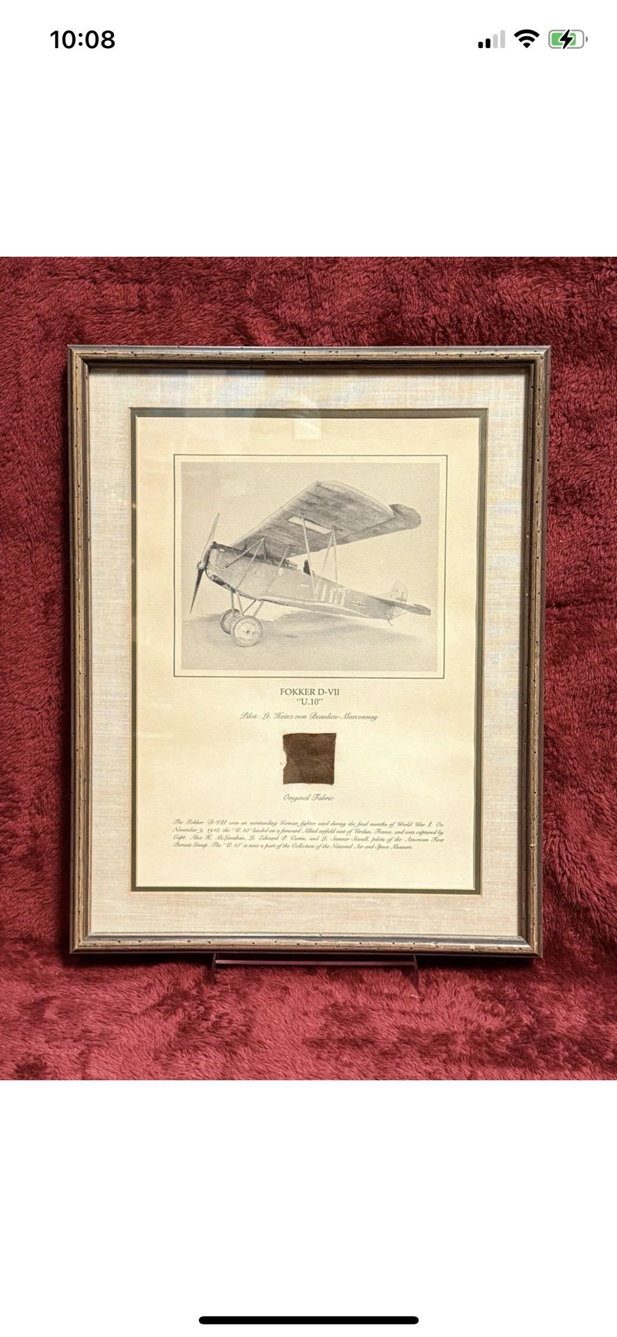 AVIATION FABRIC PRINT FOKKER D-VII “ U. 10” SMITHSONIAN RELIC SERIES framed