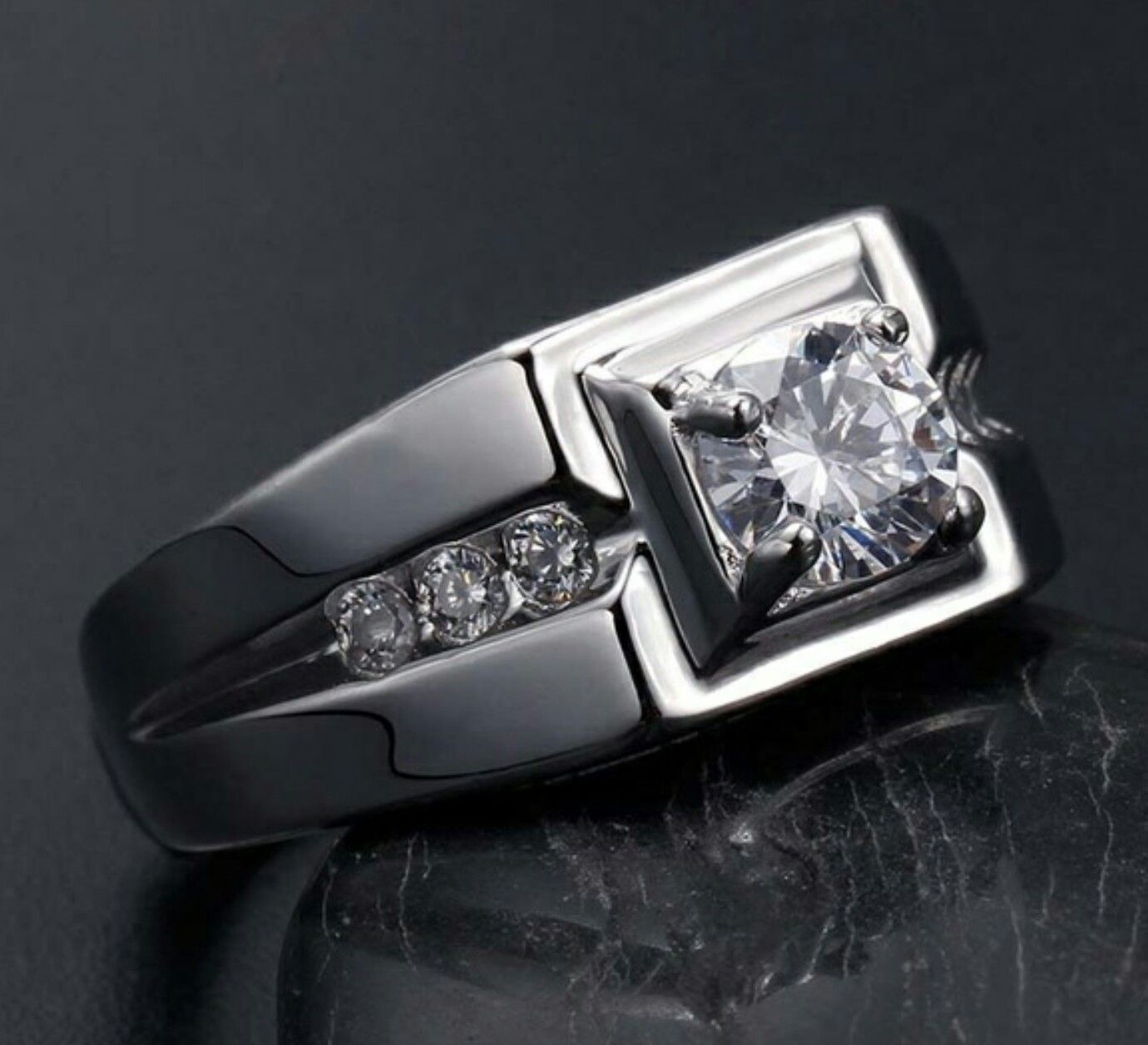 S925 Silver White Gold Plated 1CT Round CZ Mens Ring