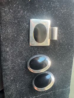 925 Sterling Silver Black Onyx Modernist Pendant & Earring Set — 14g