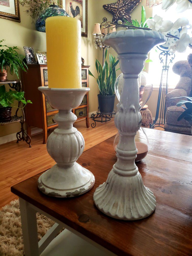 Pottery Barn Pillar Candle Holder Set Plus Candle (Very Heavy)