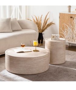 Round Faux Mars Marble/Wood colored Coffee Table of 2 Modern 31.5" Drum Center Table and 15.7" Small End Side Table Faux Travertine 2 Piece Living Roo