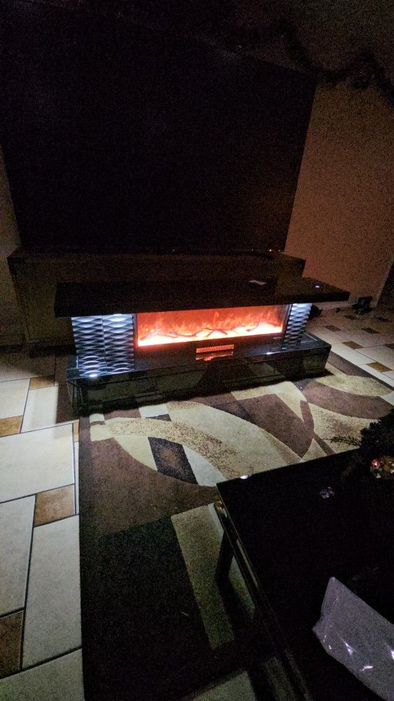 NEW LUXURY FIREPLACE AND TV STAND MIRRORED BLACK AND WHITE AVAILABLE FIT TV 100" NEON LIGHTS CONTROL,BLUETOOTH, SPEAKERS, SIMULATOR FIRE,HEATER, 71"16