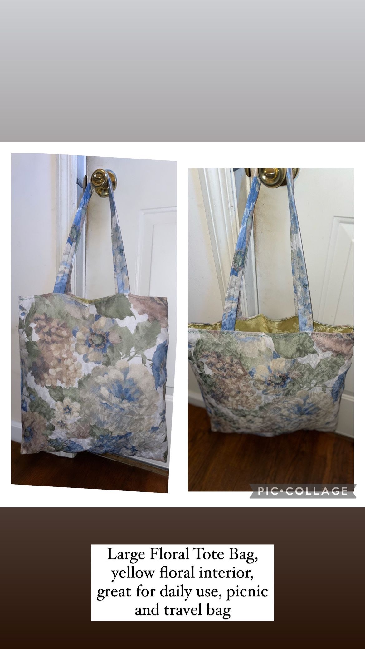 Large Floral Tote Bag, yellow floral interior, great for daily use, picnic and travel bag