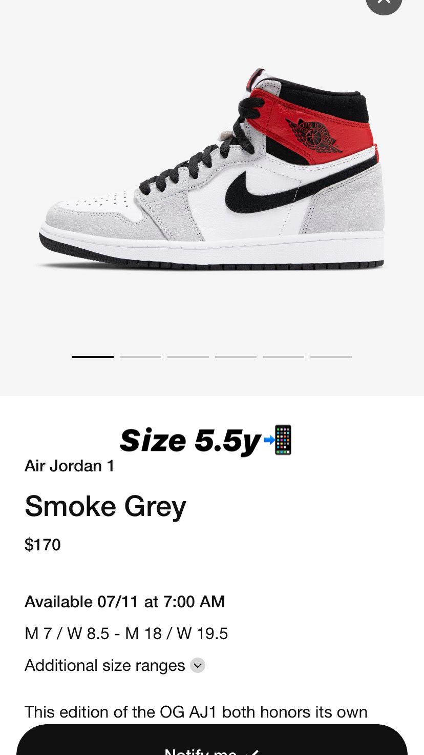 Jordan 1 smoke grey GS 5.5y