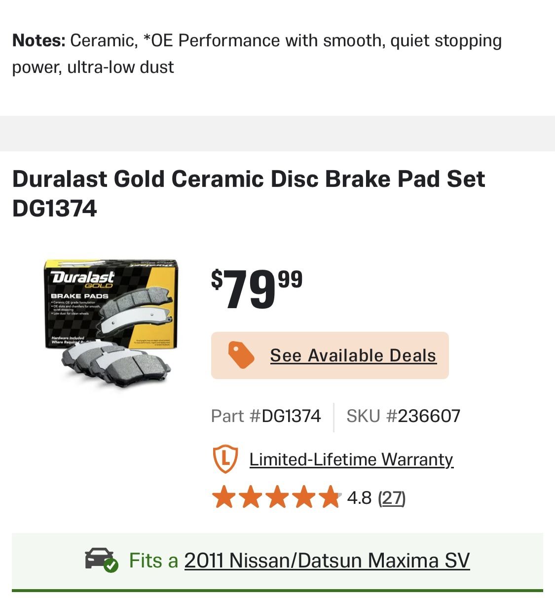 Front Brake Pad Nissan Maxima 2009-2014