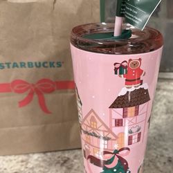 Starbucks Christmas Pink Bear Tree Stainless Steel Cold Cup Tumbler With Straw