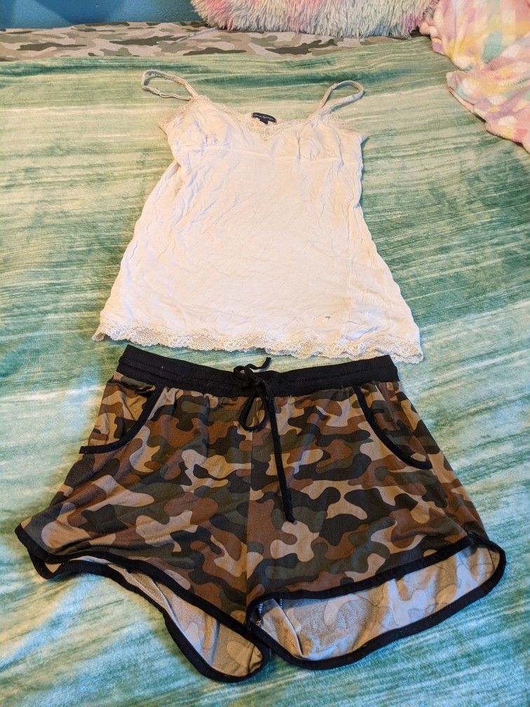 White Tank Top With Camo Shorts Outfit