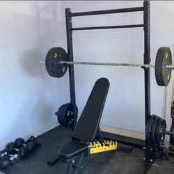 Barbel, Bench, Squat Rack, Olympic free weights