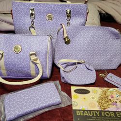 Purple Tote Set Of 5 Plus Keychain N Free Gift