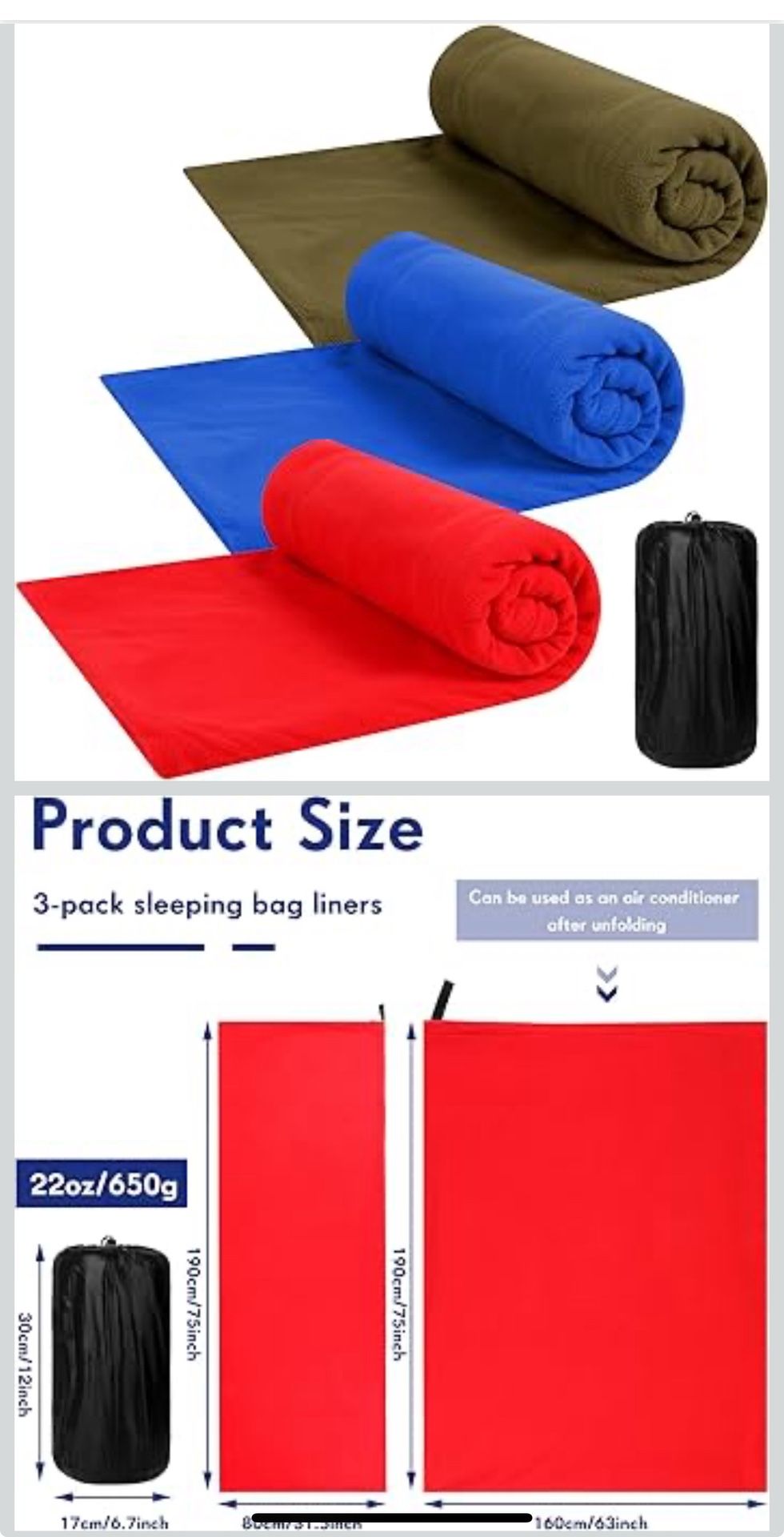 New Mixweer 3 Pcs Fleece Sleeping Bag Liner for Adult Warm or Cold Weather 75" Adds 12 Degrees Fahrenheit More Warmth Zippered Camping Blanket Liner w