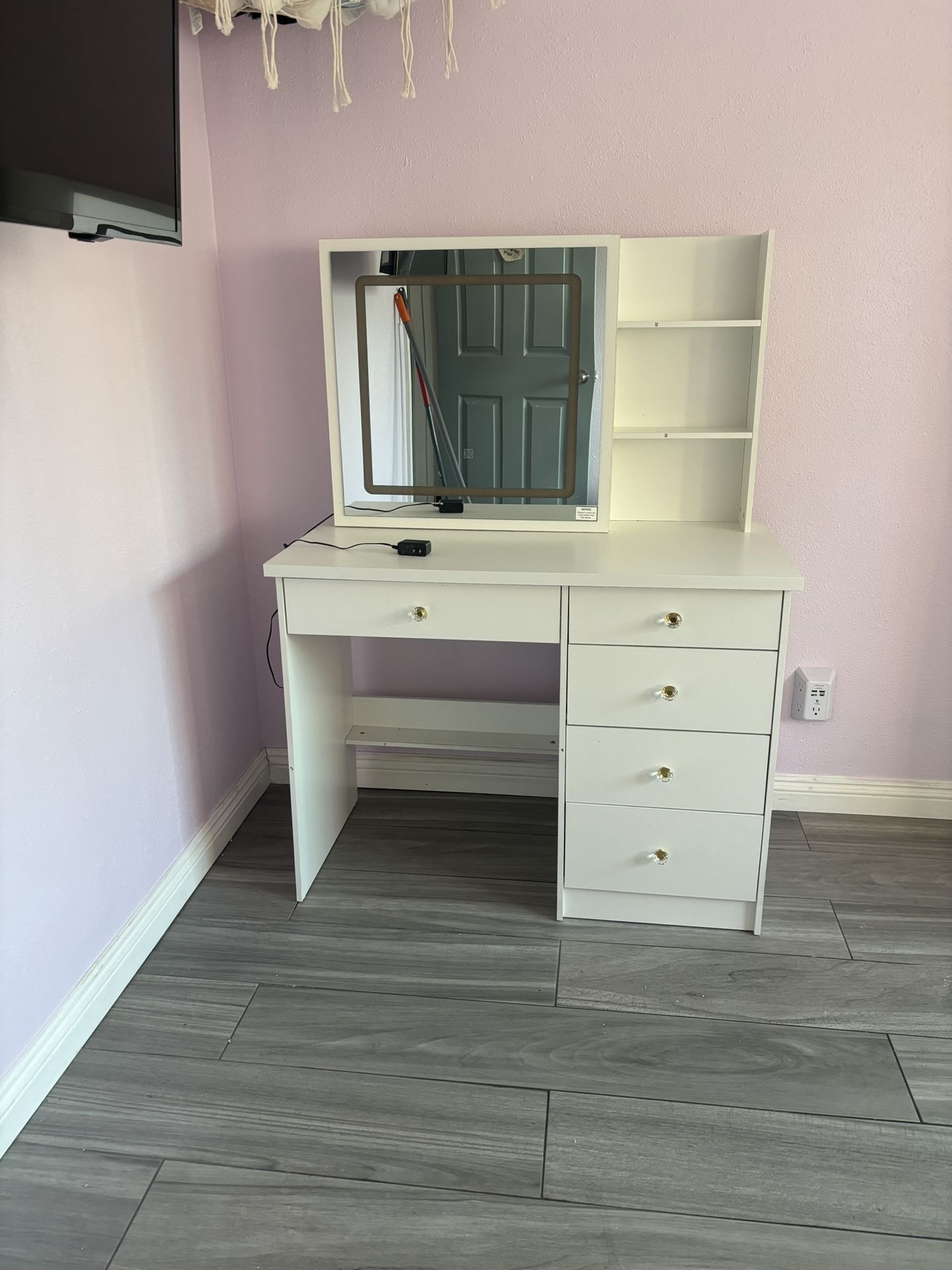 5-Drawers White Wood LED Push-Pull Mirror Makeup Vanity Sets Dressing Table Sets with Stool and 3-Tier Storage Shelves