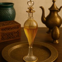 Egyptian Vintage 1990s Hand Blown Perfume Bottle Amber Swirl Glass Gold Rim 9.5”
