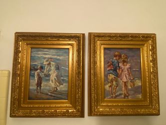 Two framed coastal prints on canvas
