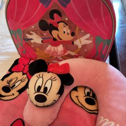 Disney Store 4 PIECES, Backpack, Blanket, Neck Pillow, And Minnie Mouse Rolling Wheeled Lugguage Suitcase16" X 14" Pink

