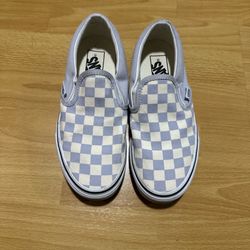 Slip On Dusty Baby Blue And White Checker Vans 