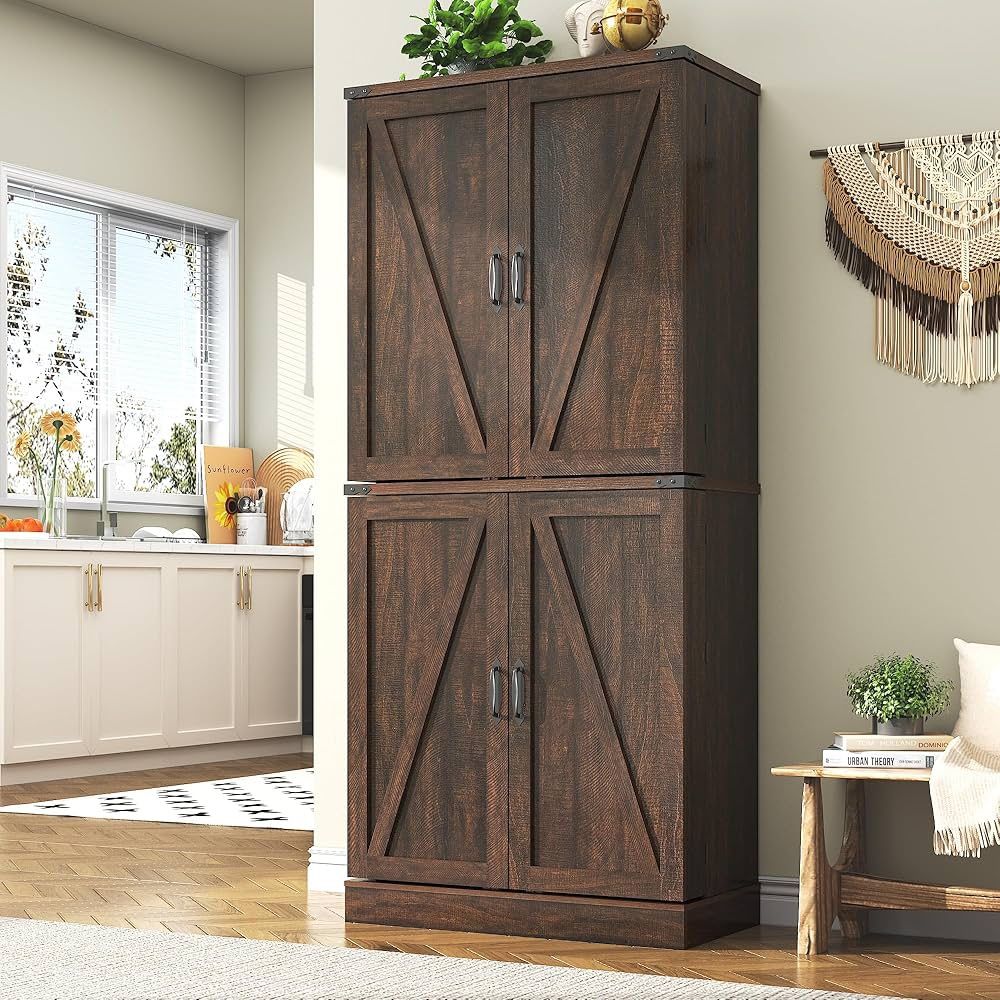 Farmhouse Kitchen Pantry Cabinet, 71" Tall Storage Cabinet with Adjustable Shelves & 4 Barn Doors & Drawer, Rustic Wood Cupboard for Kitchen, Dining R