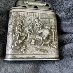 Vintage Table Lighter Silver Plated Brass Pub Scene