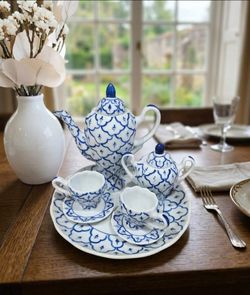 Vntage Miniature Hand-Painted Blue-and-White Porcelain Tea and Coffee Set