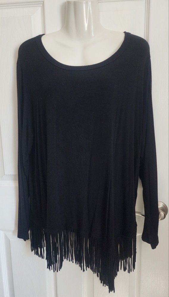 Karen Kane Sz 2X Black Long Sleeve Asymmetric Fringe Bottom Women’s Shirt Top