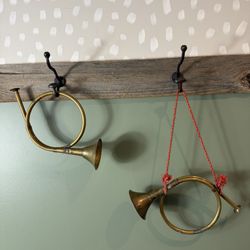 Vintage Hand Crafted Solid Brass Made In India French Horn Ornament set of 2