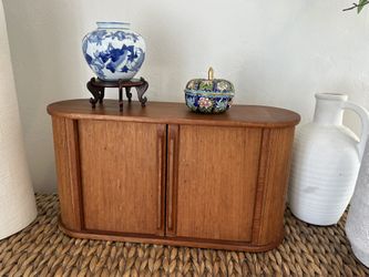 Vintage Mid Century Modern Teak Tambour Door Cabinet MCM Teak Roll Desktop Organizer Wall Shelf Danish Modern Stamped