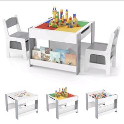 INFANS Kids Table and Chair Set, 4 in 1 Building Block Wooden Activity Desk