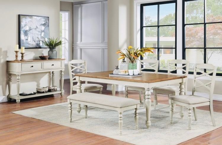 DINNING SET 6CH  OR 4+BENCH.  (SIDEBOARD ACCENT TABLE AVAIL X )299)