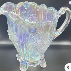 Mosser Carnival Glass Iridescent Silver Footed Dahlia Pitcher Made in USA
