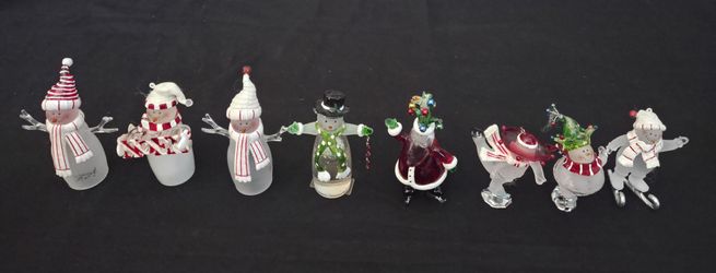 8 Vtg Frosted Glass& Glass Christmas Ornaments- Santa Snowmen