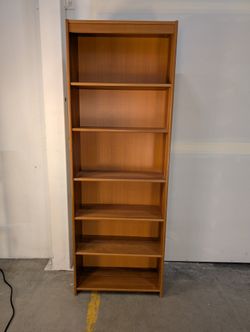 Tall Wood-Stained Six-Shelf Bookcase