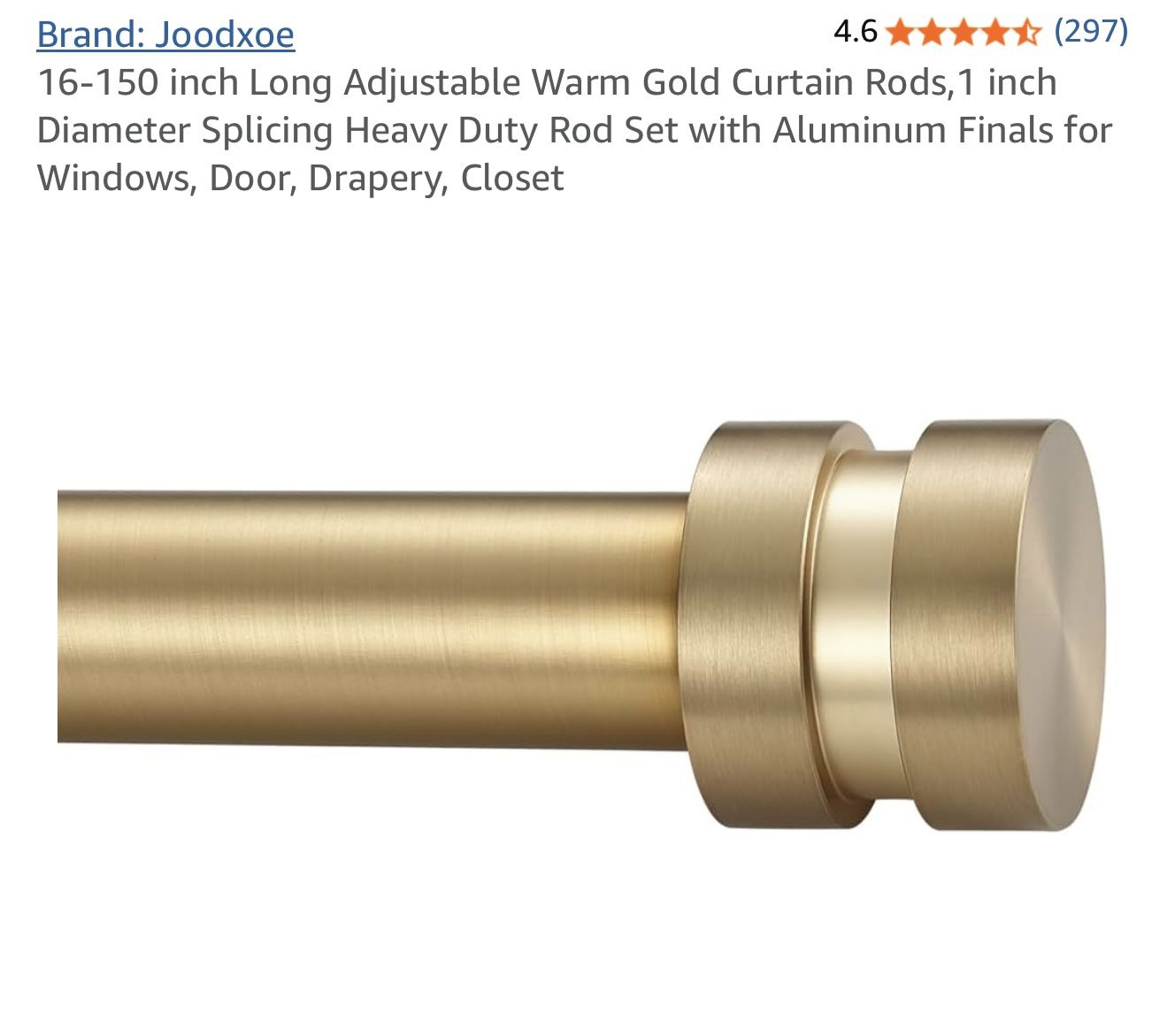 16-150 inch Long Adjustable Warm Gold Curtain Rods, 1 inch Diameter Splicing Heavy Duty Rod Set with Aluminum Finals for Windows, Door, Drapery, Close
