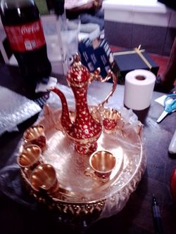 Decorative Red and Gold Tea Set with Tray