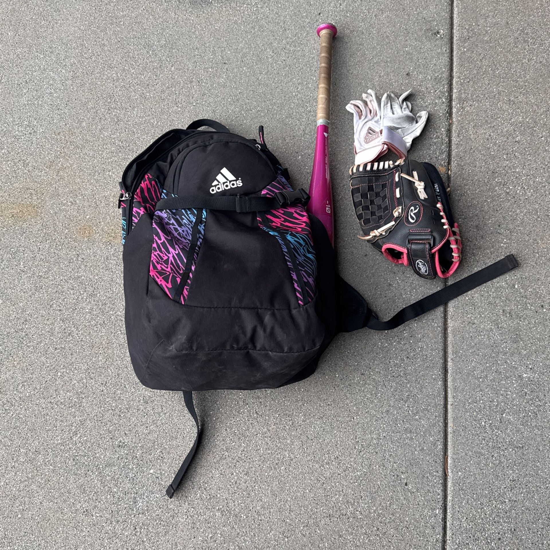 Girls Adidas Bag With Bat, Glove , And batting Gloves
