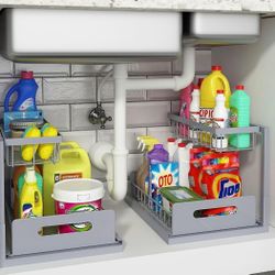 REALINN Under Sink Organizer, Pull Out Cabinet Organizer 2 Tier Slide Out Sink Shelf Cabinet Storage Shelves, Storage for Kitchen Bathroom, Grey, 2 Pa