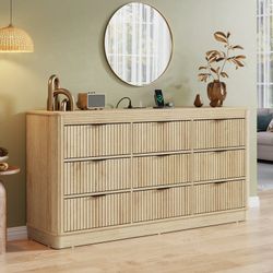 Fluted 9 Drawers Dresser for Bedroom, 63'' Wide Chest of Drawers with Power Outlet&Metal Handle, Fluted Fronts, Modern Dresser TV Stand, Wood Clothes 