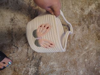 Cream Rope Coil Handbag with Floral Embroidery