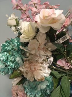 Pink, Teal, off white, long stem florals.