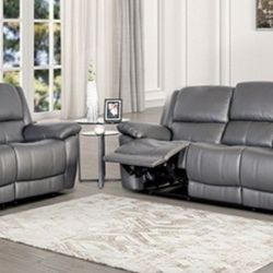 Brand New Grey Leather Reclining Sofa & Loveseat 