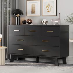Dresser for Bedroom with 7 Drawer, Wood Modern Chest of Drawers with X-Shaped Sturdy Base, Wide Double Dresser Closet Clothes Storage Organizer, Woode
