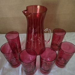 VINTAGE Etched Cranberry  Glass Pitcher with 6 matching Glass Cups