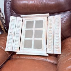 Rustic Shutter-Style Window Mirror Cabinet • Distressed White Wood