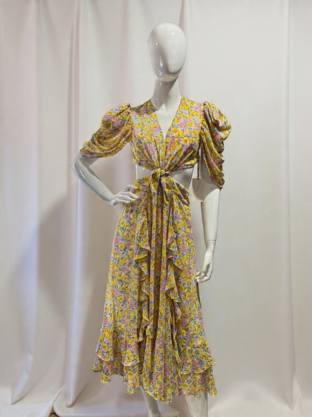 Yellow Pink Flower Cut Out Midi Dress