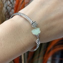 S925 silver real jade lotus chunky cuff bangle bracelet