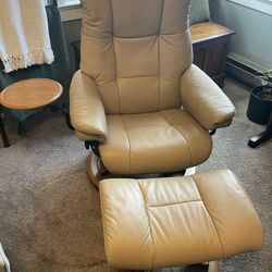 Leather Swivel Recliner with Attached Side Table and Ottoman 