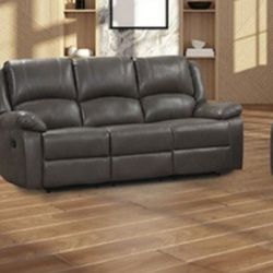 Brand New Grey Leather 3pc Reclining Sofa Set 
